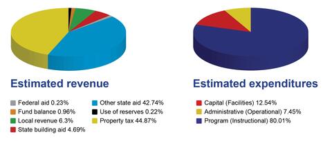 Tables showing the estimated revenue percentages (Federal aid 0.23%; Fund balance 0.96%; Local revenue 6.3%; State building aid 4.69%; Other state aid 42.74%; Use of reserves 0.22%; Property tax 44.87%) and expenditures (Capital (Facilities) 12.54%; Administrative (Operational) 7.45% Program (Instructional) 80.01%)