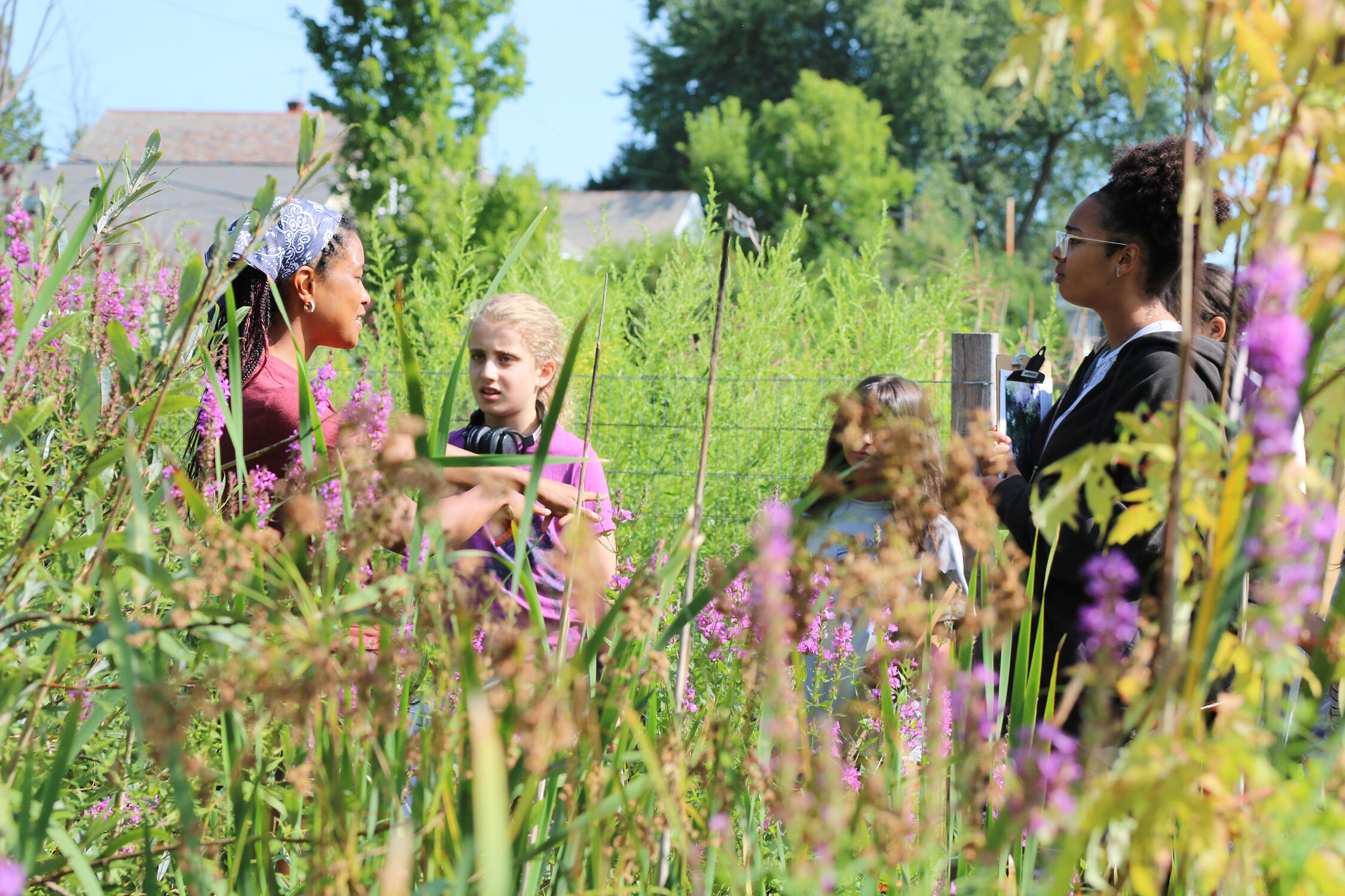 Students and volunteer having a discussion in tall grass