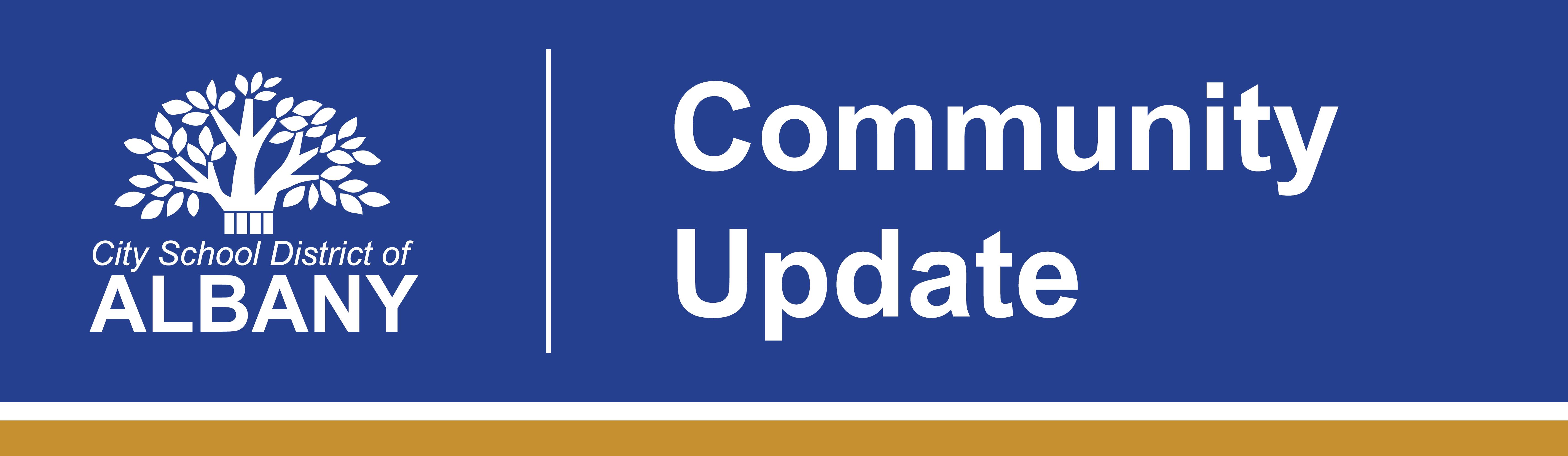 Masthead with the district logo and white text against a blue background that reads "community update"